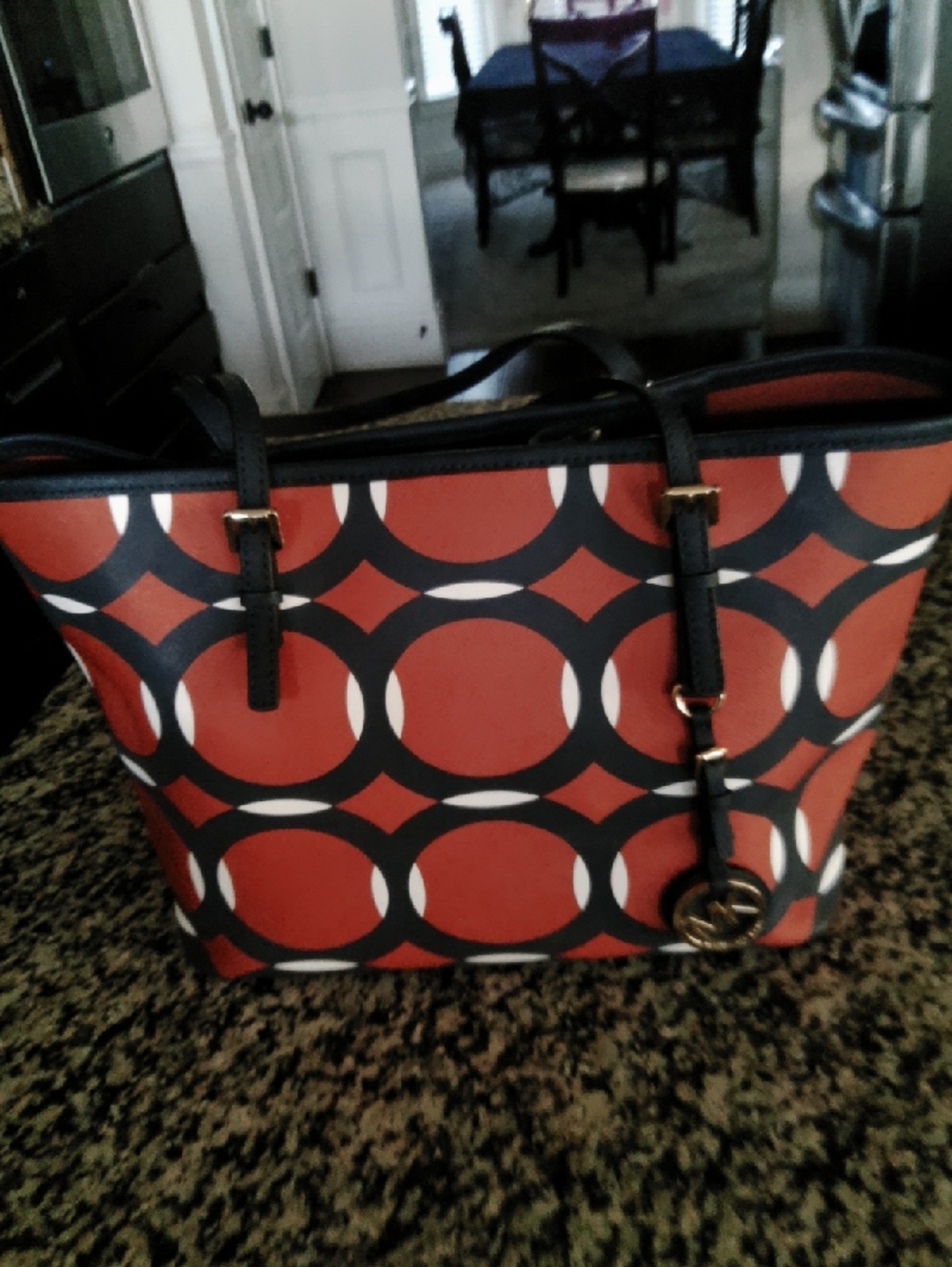 Michael Kors Red Geometric Pattern Tote with Black Trim